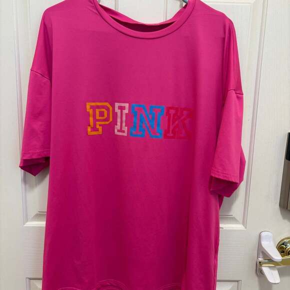 PINK Oversized Graphic T-Shirt XL Hot Pink Colorblock Letters Y2K Streetwear - Picture 4 of 6
